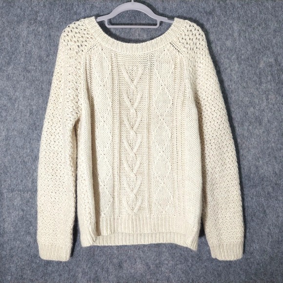 Cynthia Rowley Sweater Xl Wool Chucky Cable Off White Gold Zipper Preppy Granny - Picture 1 of 10